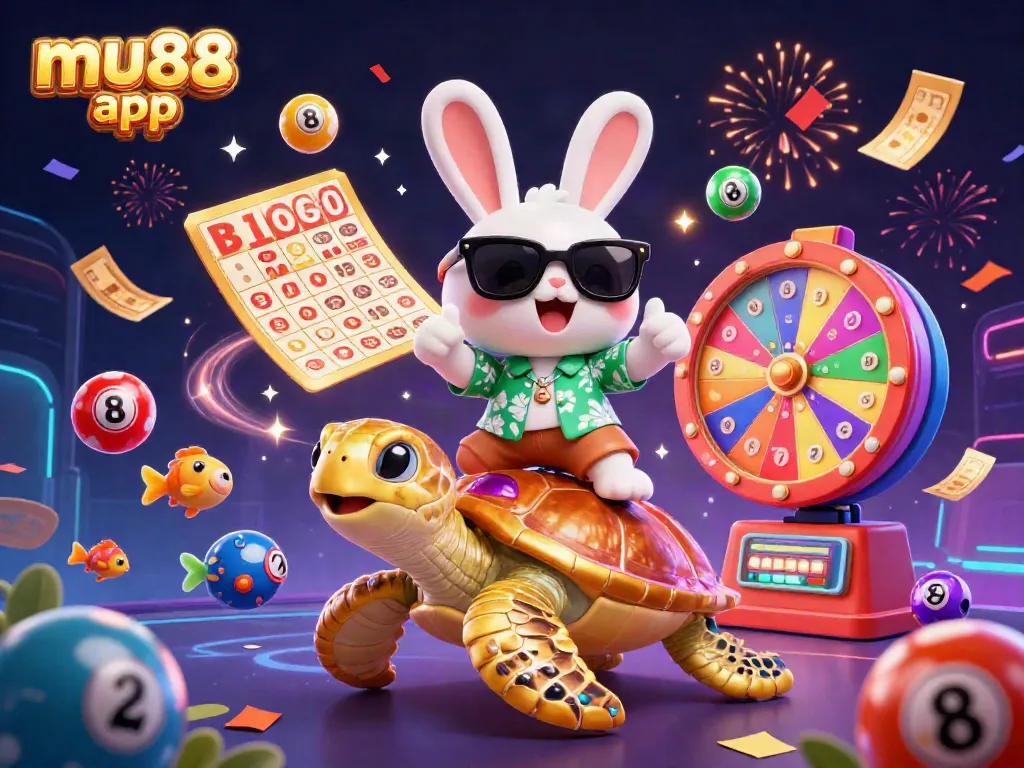 Spin and win with the vibrant mu88 app, featuring a lucky rabbit and golden turtle celebrating among colorful lottery balls.