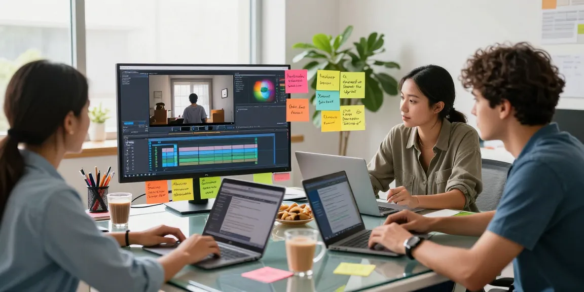 Team collaborating to write text on video in a bright digital workspace.