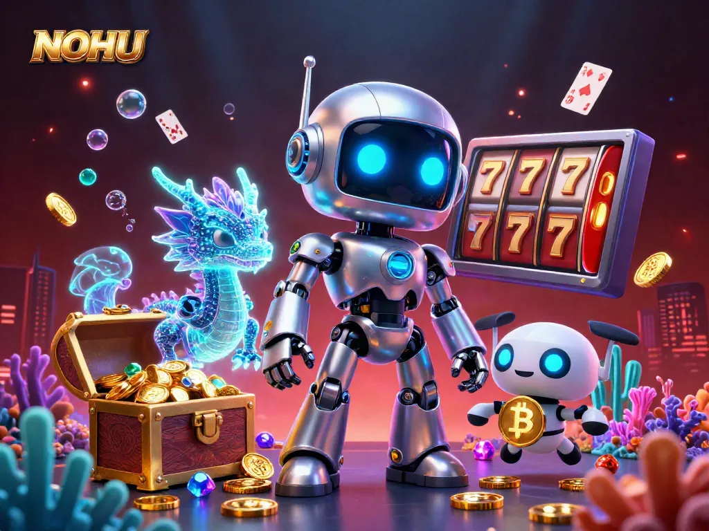 Join the excitement at NOHU with a vibrant illustration showcasing tokens and treasures in a neon-lit casino.