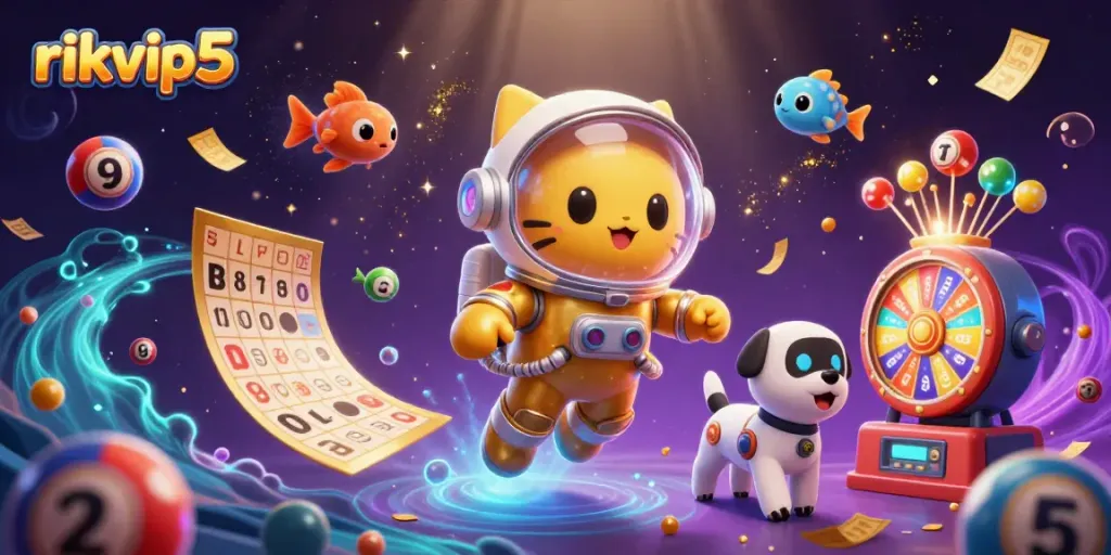 Engage with vibrant games at rikvip5, featuring a colorful array of lottery elements and dynamic casino visuals.