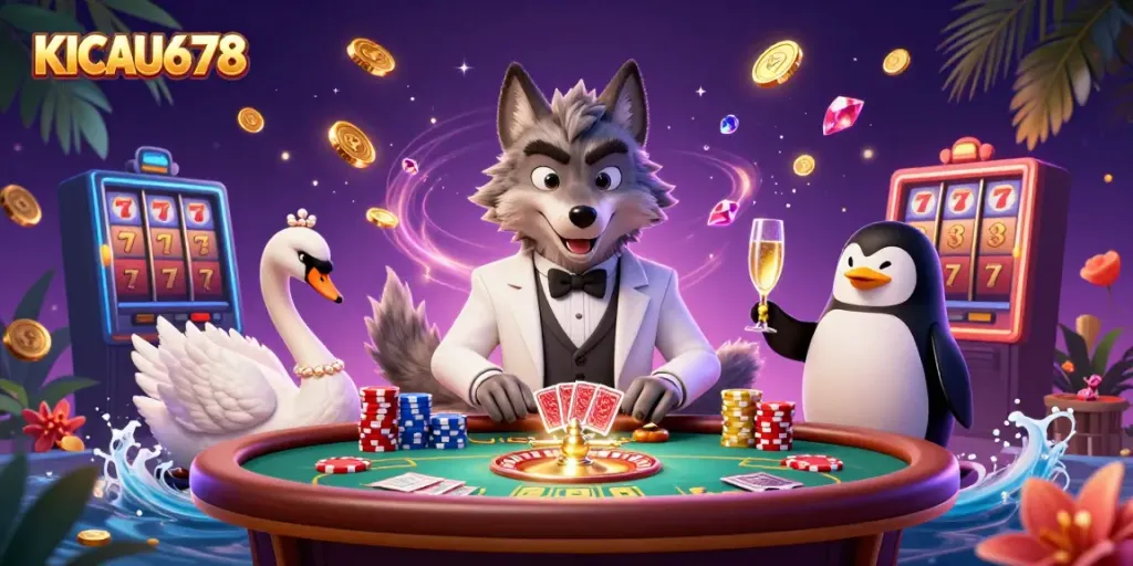 Experience the excitement of KICAU678 at a baccarat table with charming characters in a dynamic 3D casino setting.