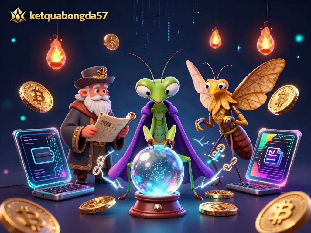 Experience thrilling live action on ketquabongda57 with a captivating 3D illustration of fortune tellers predicting market trends.