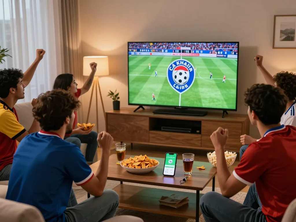 Cà Khịa fans cheering in a lively home watching live soccer.