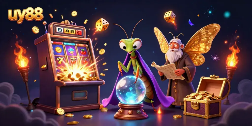 Experience the thrill of uy88 with a vibrant casino scene featuring a fortune teller, a wise moth librarian, and playful oracles.