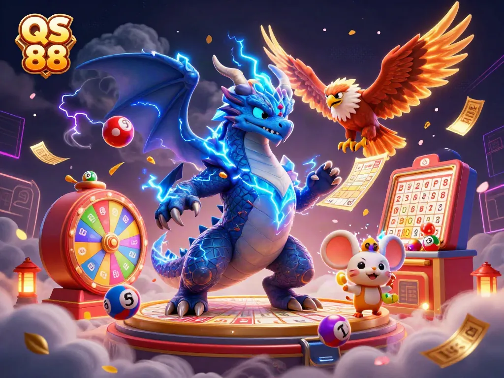 Engage in thrilling games at QS 88 with vibrant characters, lottery balls, and dynamic gaming elements.