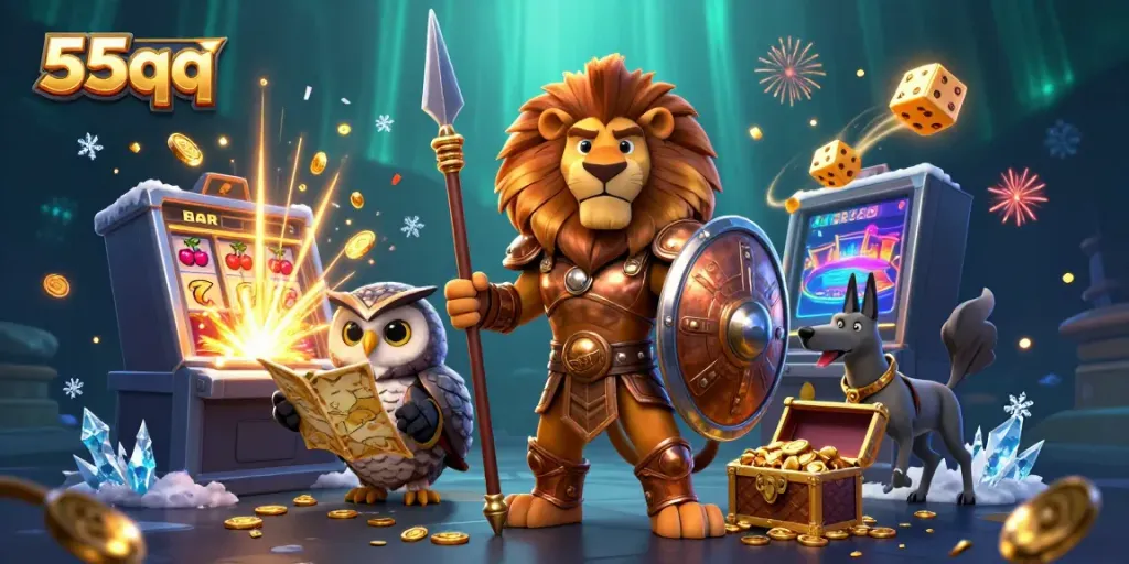 Experience the thrilling world of the 55qq casino with a rich dynamic scene showcasing a Spartan lion, owl strategist, and swift greyhound.