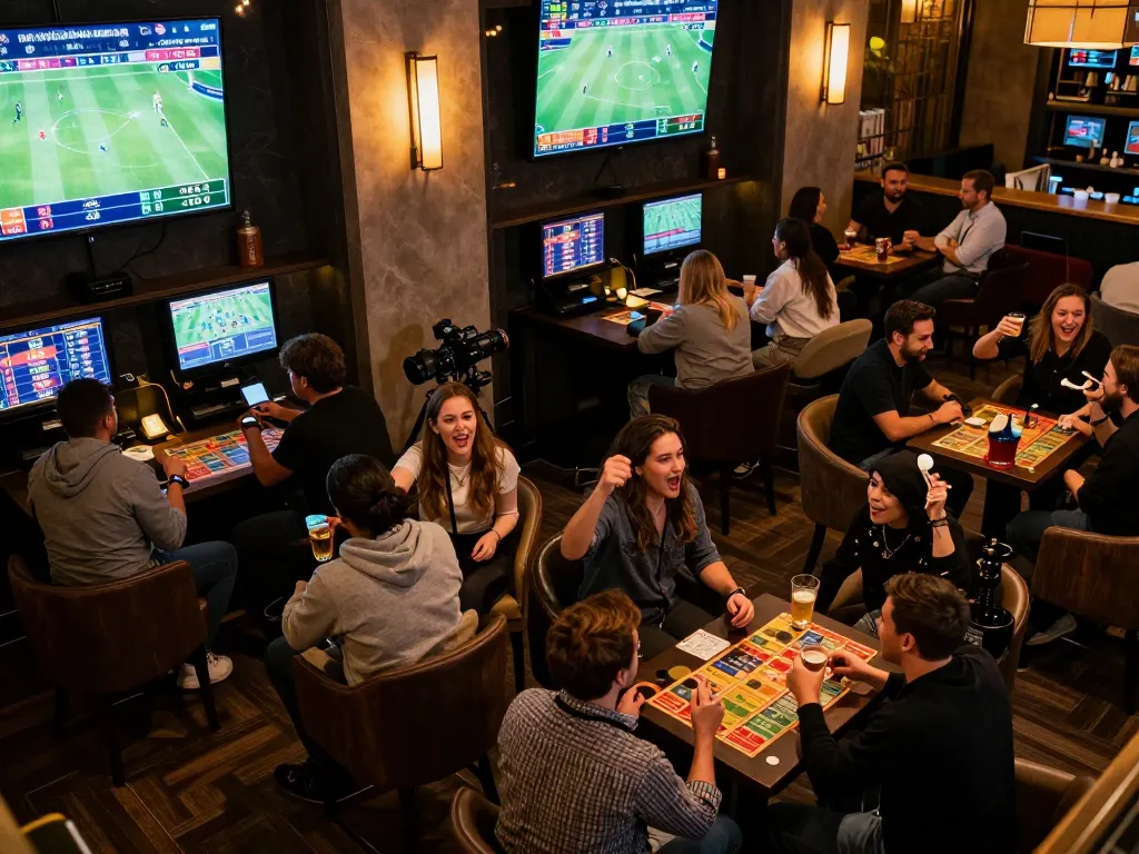 Kèo nhà cái enthusiasts engaging in live sports betting at a vibrant lounge with screens displaying odds.
