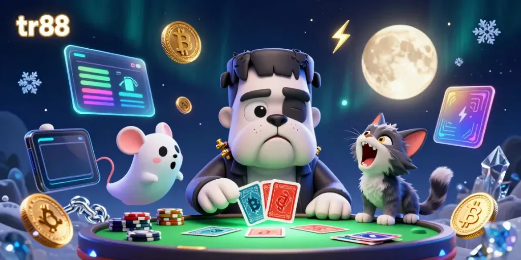 Exhilarating game scene at tr88, with a bulldog dealer and a ghost mouse amidst neon crypto coins.