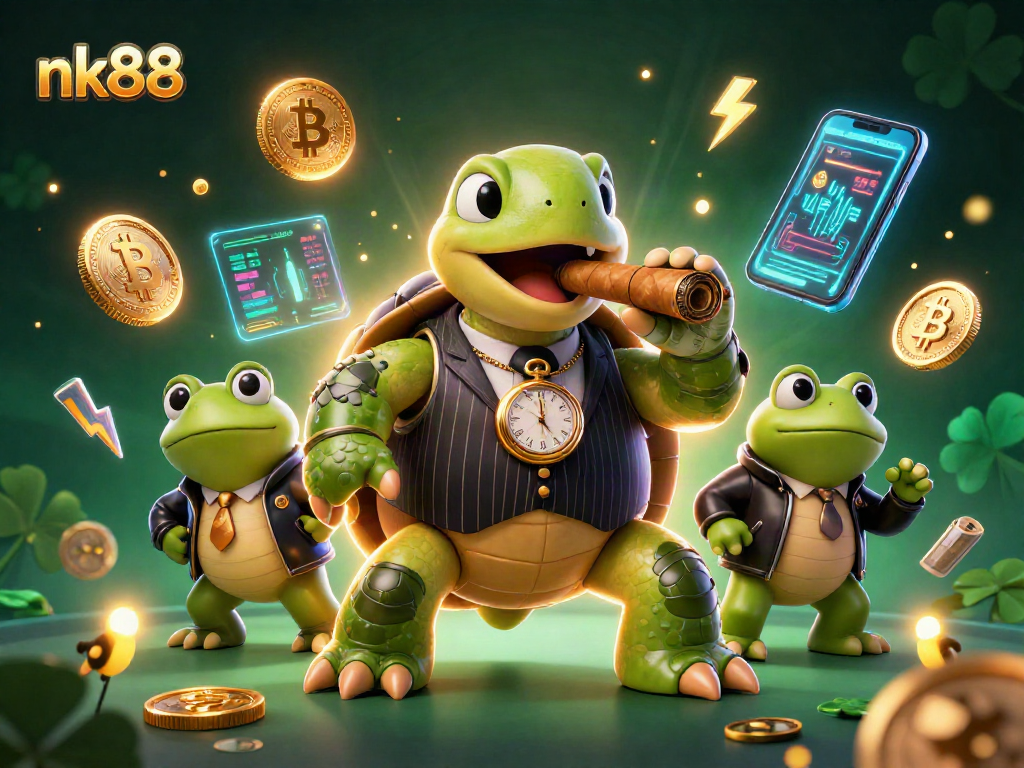 Experience thrilling gameplay with nk88 as a cartoon turtle in a casino scene, showcasing crypto coins.