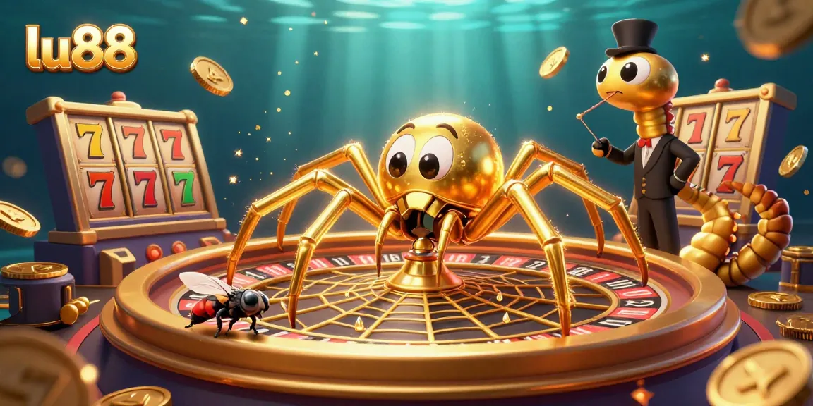 lu88 showcases thrilling slot games with a vibrant golden web and lucky symbols