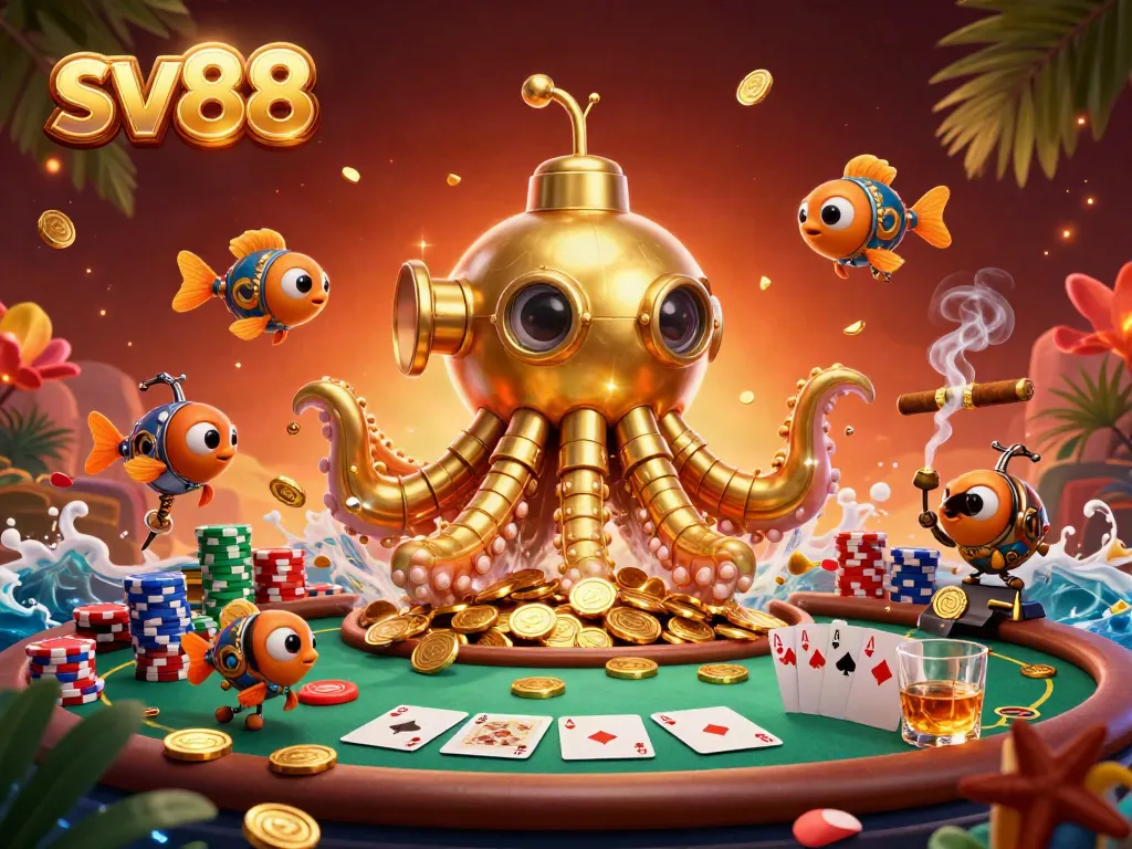 Experience the thrill of sv88's vibrant gaming world with a golden kraken submarine amidst poker action.