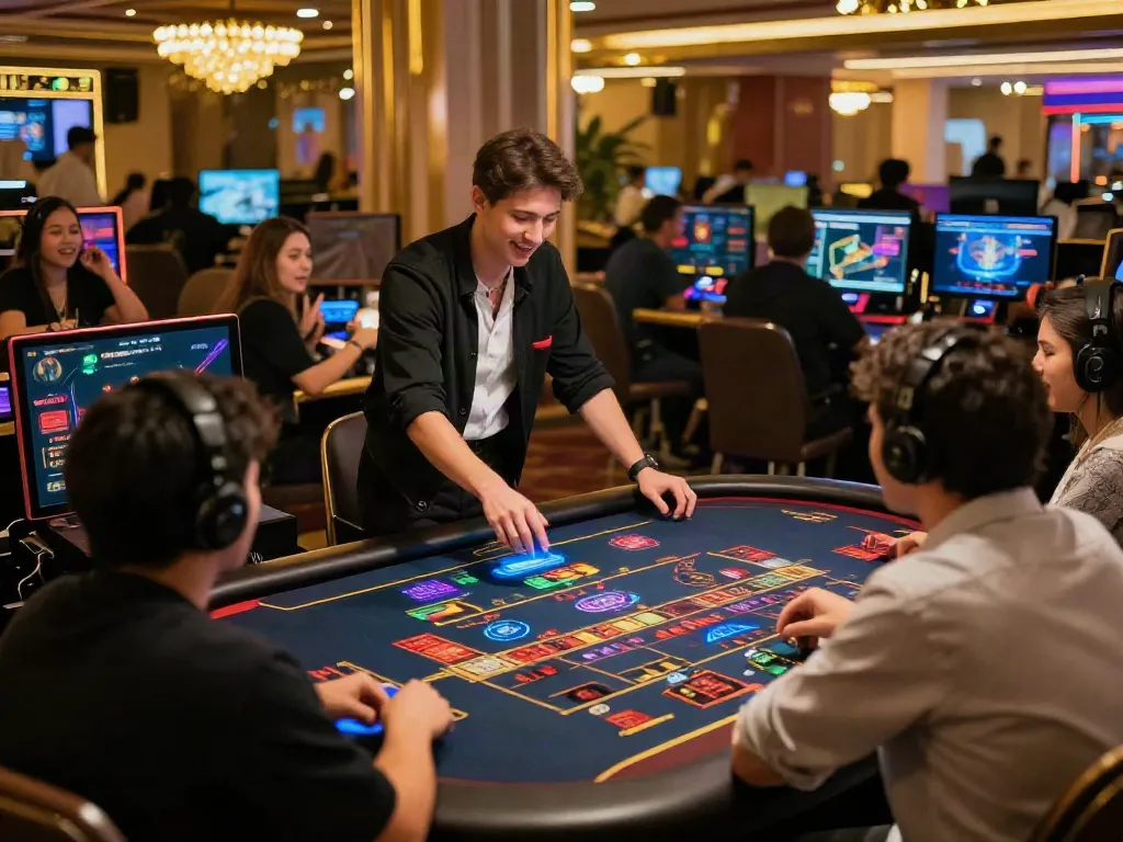 Engaging live casino experience with sv88 dealer and excited players in vibrant digital environment.