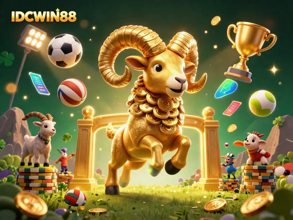 Experience thrilling gameplay with IDCWIN88's golden ram mascot amidst vibrant sports-themed action.
