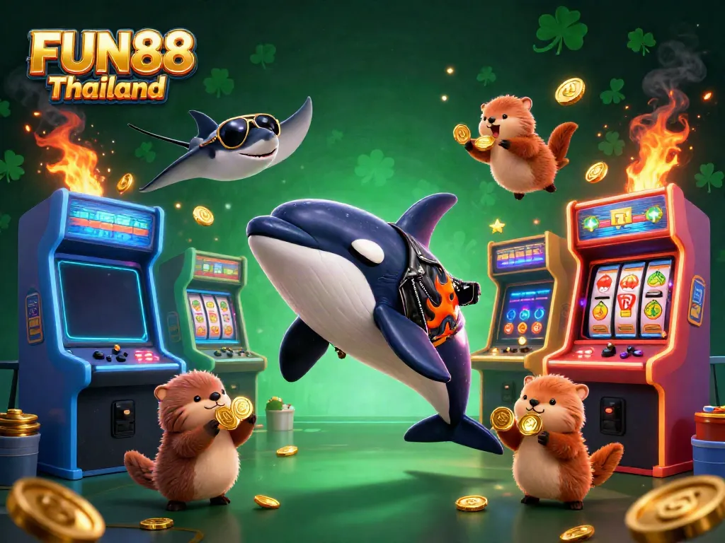 Experience the excitement of FUN88 Thailand with colorful 3D characters celebrating wins in a vibrant casino scene.