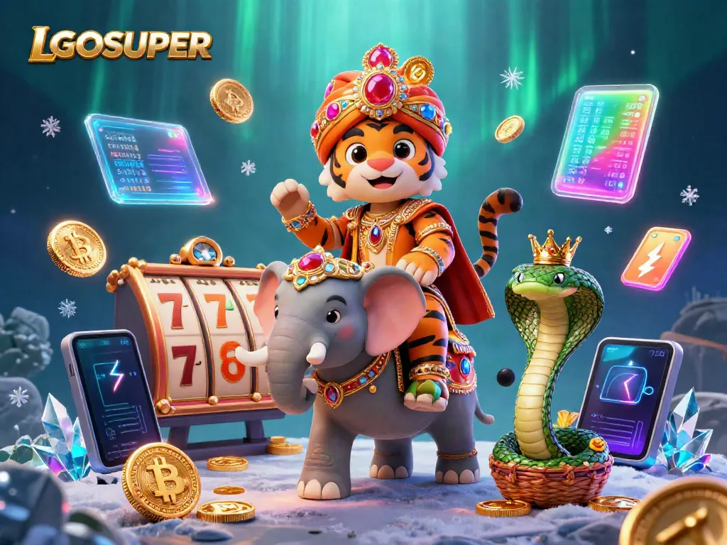 Experience the thrills of LGOSUPER with vibrant 3D illustration featuring a jeweled elephant and crypto coins.