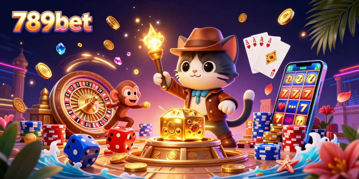 Play slots and win at 789bet with golden coins, vibrant game elements, and casino artifacts.