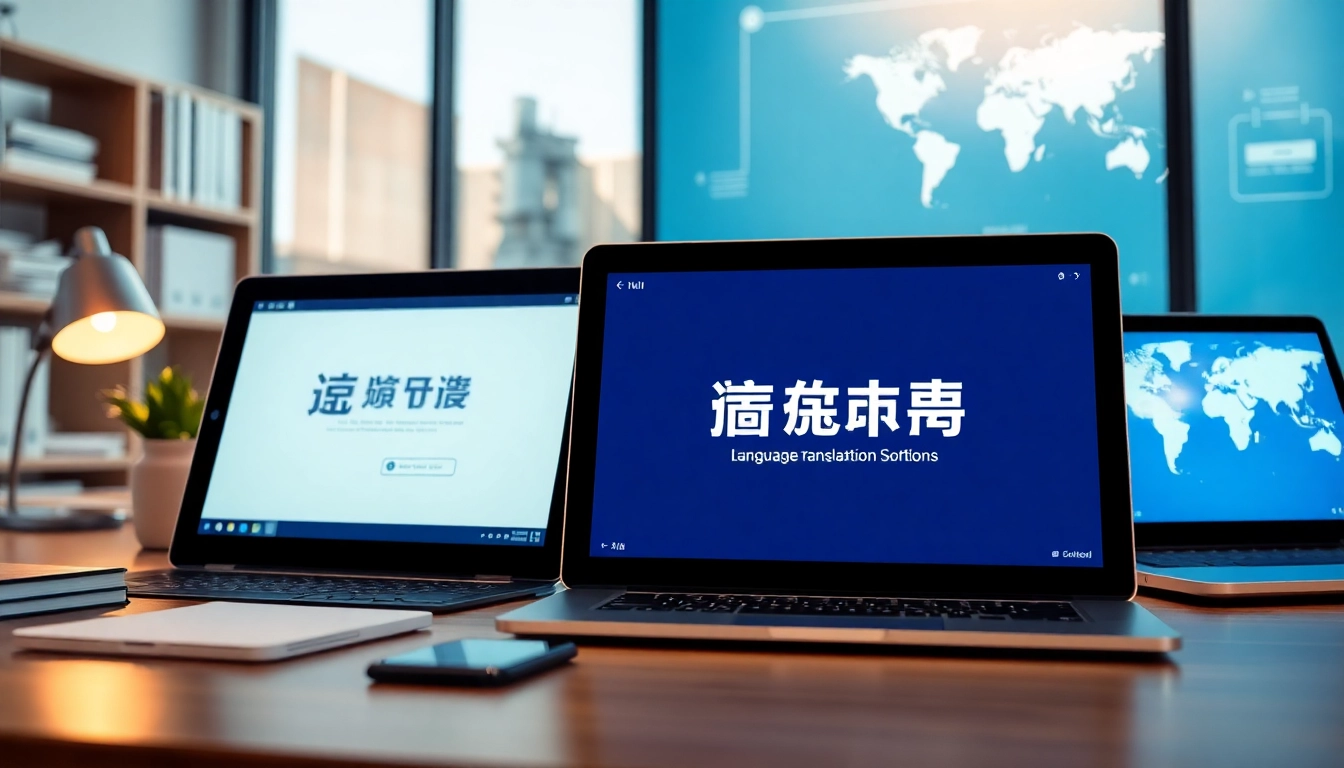 High-tech translation workspace featuring 有道翻译 interface and devices