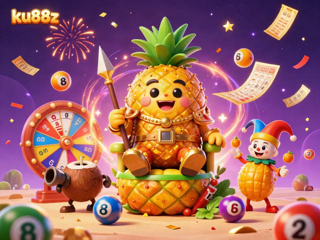 Experience the excitement at ku88z casino with golden characters, lottery balls, and a vibrant beach casino scene.