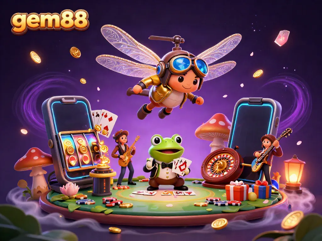 Experience the excitement at gem88 with a vibrant 3D casino scene featuring lively characters and engaging gameplay.