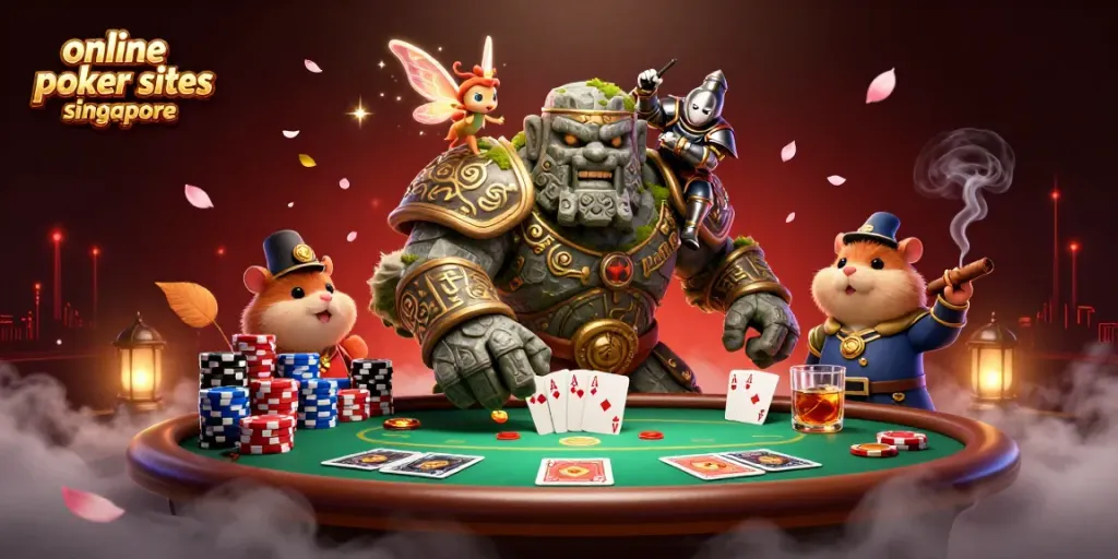Engage in thrilling action at online poker sites Singapore, featuring vibrant poker elements and enchanting characters.