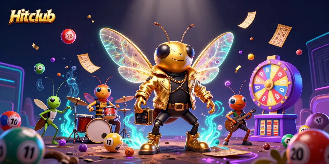 Hitclub's rock star cicada performs amidst a vibrant display of casino game elements.