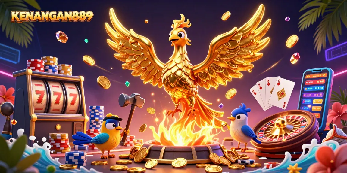 Experience thrilling wins with KENANGAN889 in this vibrant 3D casino scene filled with slot machines, coins, and poker chips.