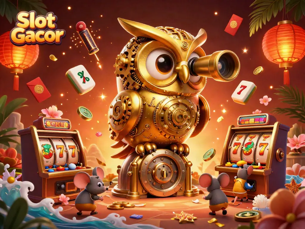 Engage with Slot Gacor's thrilling atmosphere featuring a whimsical clockwork owl overseeing a vibrant casino.