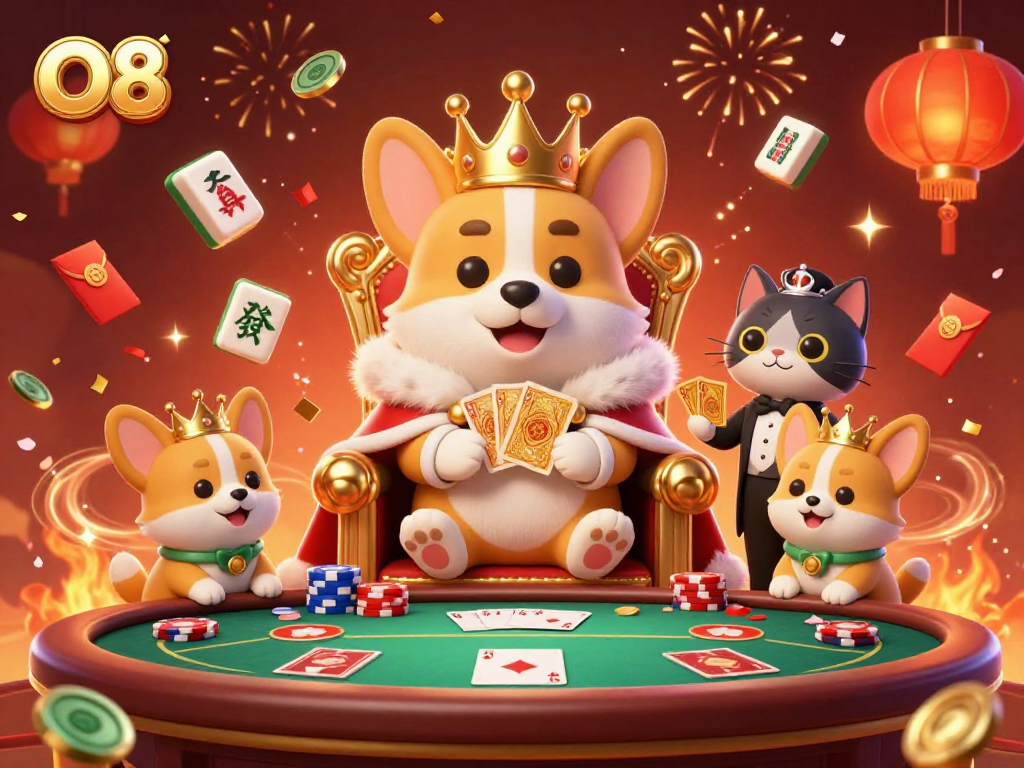 Experience the royal challenge of poker at O8 with a charming corgi and lively gaming elements.