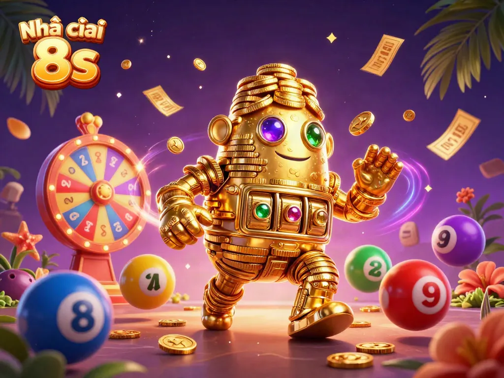 Join the fun with Nhà cái 8s as golden elements and colorful symbols create a vibrant casino scene.