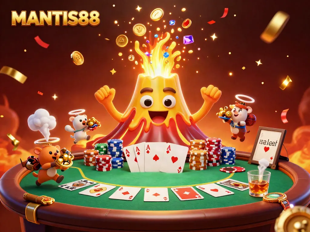 MANTIS88 shows a triumphant golden volcano erupting treasures, surrounded by poker elements and tiny animals.