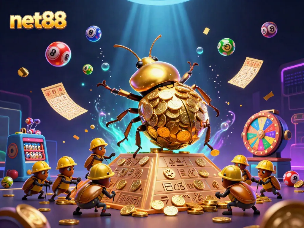 Net88 showcases a vibrant scene of excitement with golden beetles and dynamic casino elements.