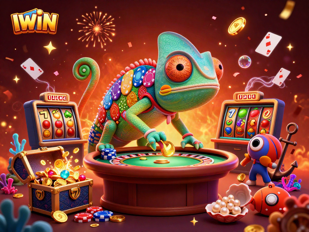 IWIN casino owner chameleon gathers riches in a vibrant dynamic 3D illustration.