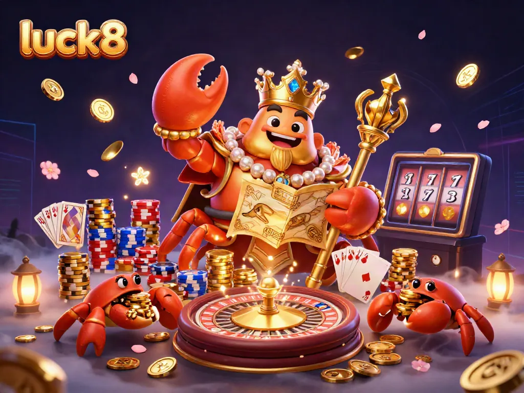 Experience luck8 with a golden crab emperor in an exciting 3D casino scene featuring vibrant coins and poker chips.