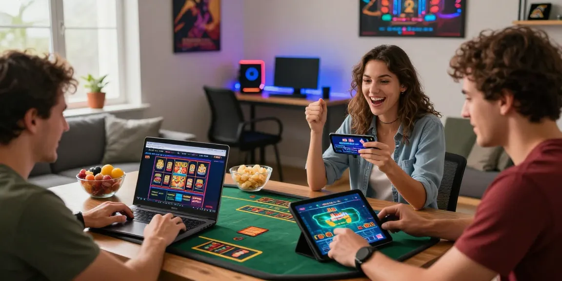 Players enjoying a credit card casino experience at home with laptops and smartphones at https://brcs.co.uk, showcasing excitement and engagement.