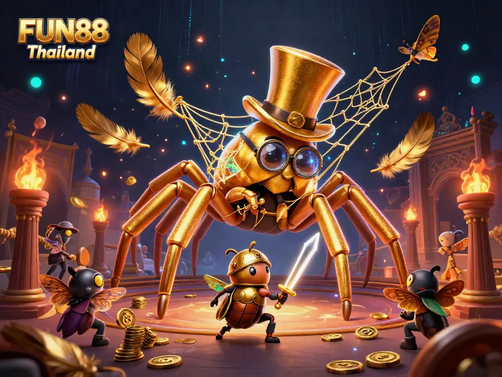 Engaging FUN88 Thailand illustration showcasing casino adventure with a golden tarantula and beetle knight.