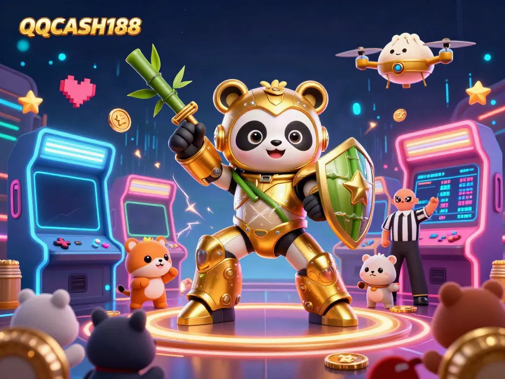 Engage in thrilling games at QQCASH188, featuring an adventurous golden panda battling in an electrifying arena.