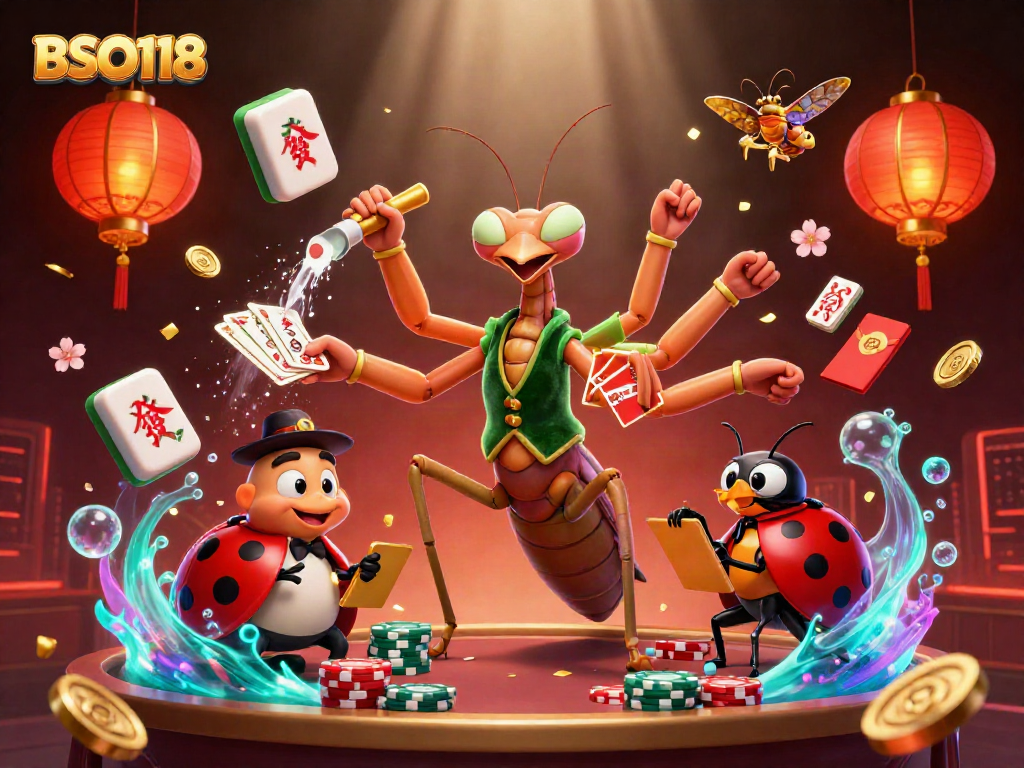 Engage in thrilling gameplay with BSO118 in a vibrant casino scene featuring unique characters