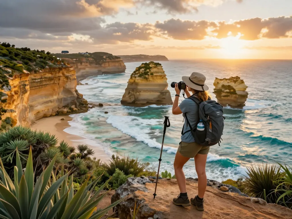 Traveler enjoying the breathtaking Australia coastline at sunset.