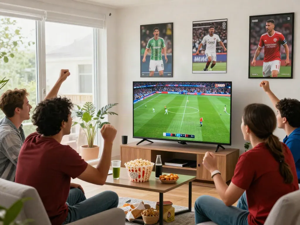 Fans cheering while watching live football on https://socolivekz.uk in 4K resolution with snacks and beverages.