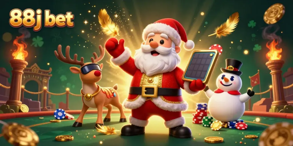 Play exciting slots with 88j bet in this vibrant casino illustration featuring Santa and friends.