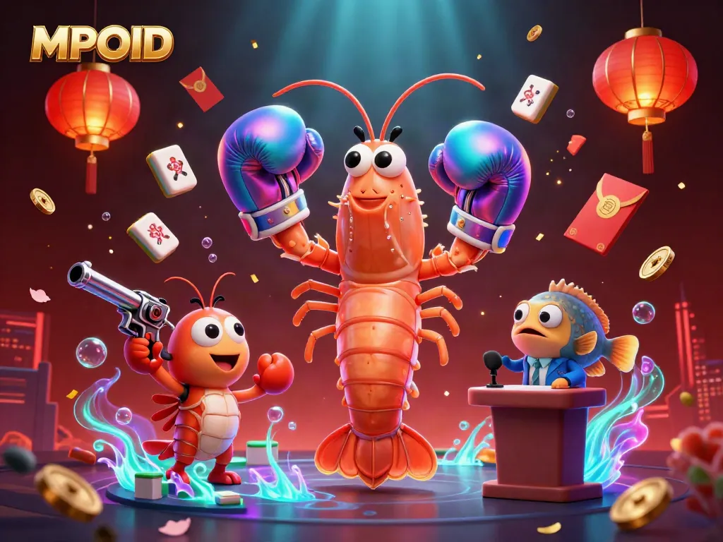 MPOID showcases vibrant 3D underwater gambling scene with a mantis shrimp and casino elements, creating a lively atmosphere.