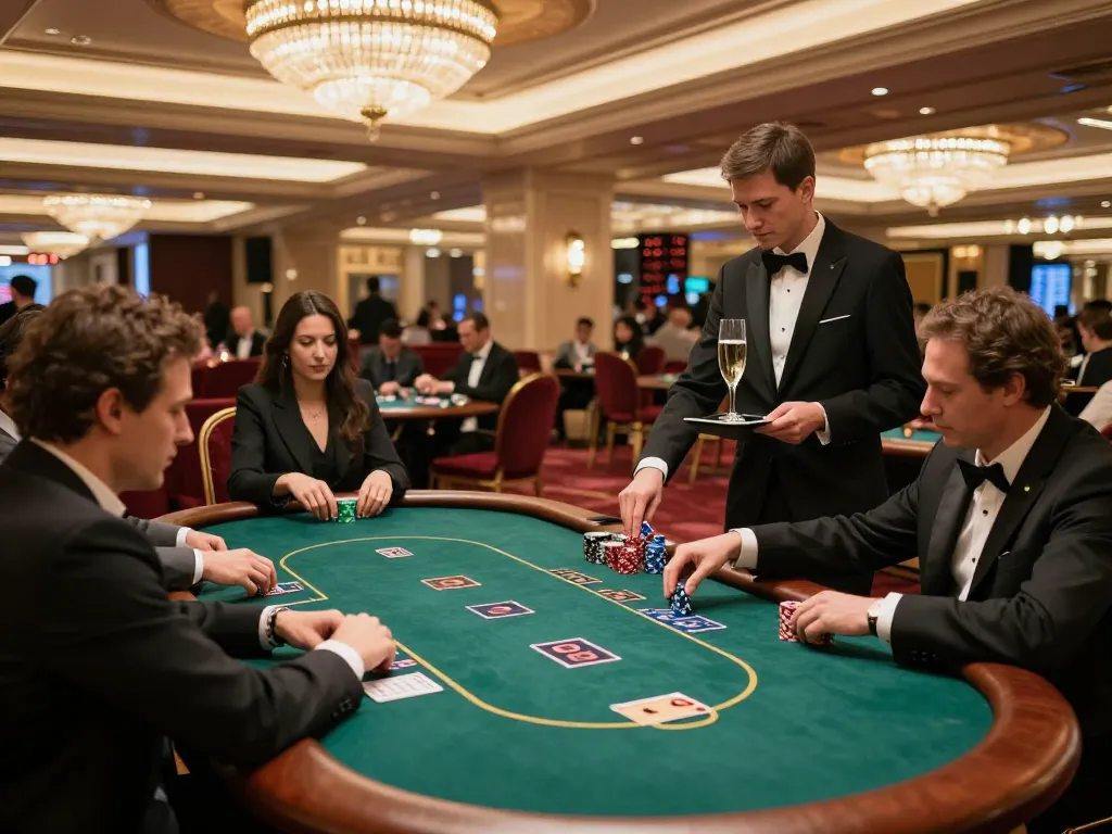 LC88 VIP gaming experience with players engaged in high-stakes poker action in an upscale casino.