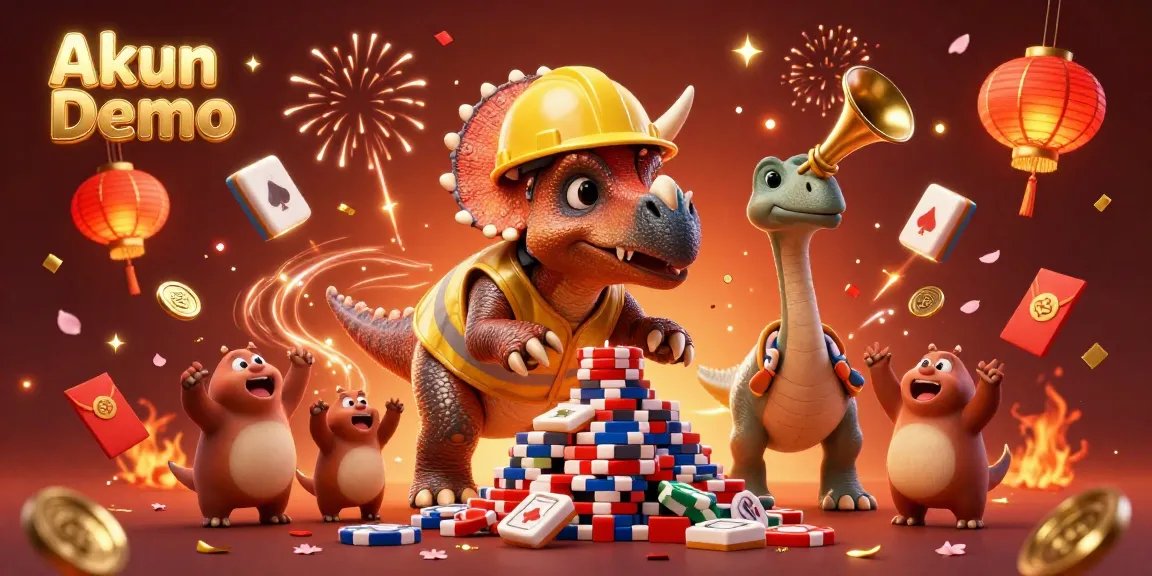 Akun Demo showcases the thrilling experience of gaming with a cartoon triceratops and friends celebrating around poker chips.