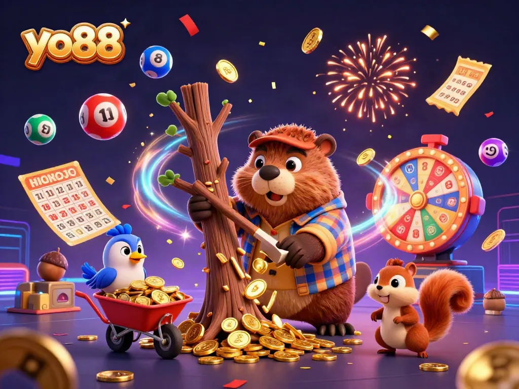 Collect coins in yo88's vibrant gambling world with a 3D cartoon illustration of a lumberjack beaver.