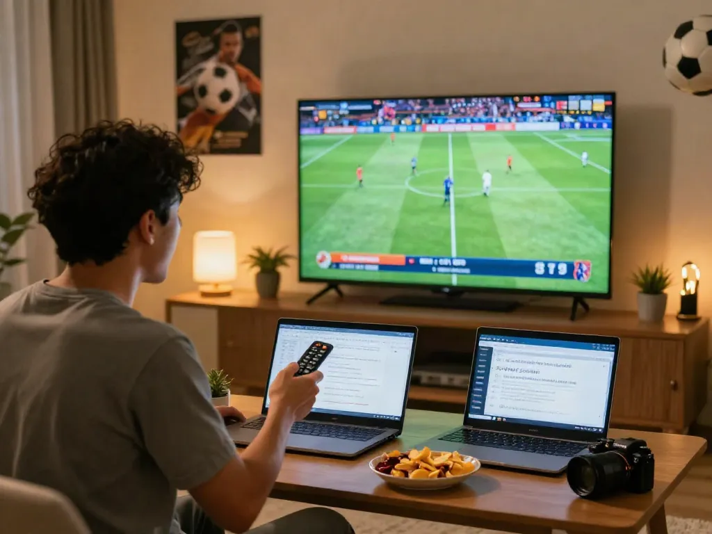 Exciting football streaming experience with a viewer enjoying a match from https://cakhiatvvn.jpn.com/ in a cozy setting.