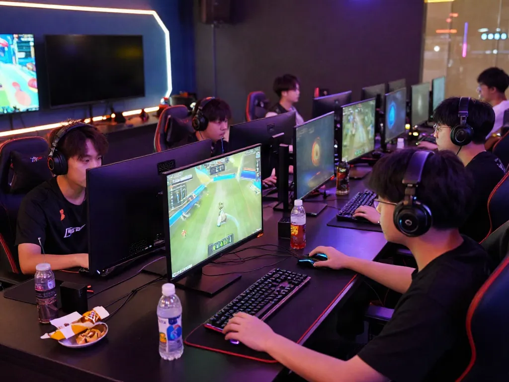 Players engaged in competitive gaming at manclub esports lounge, vibrant atmosphere with gaming gear.
