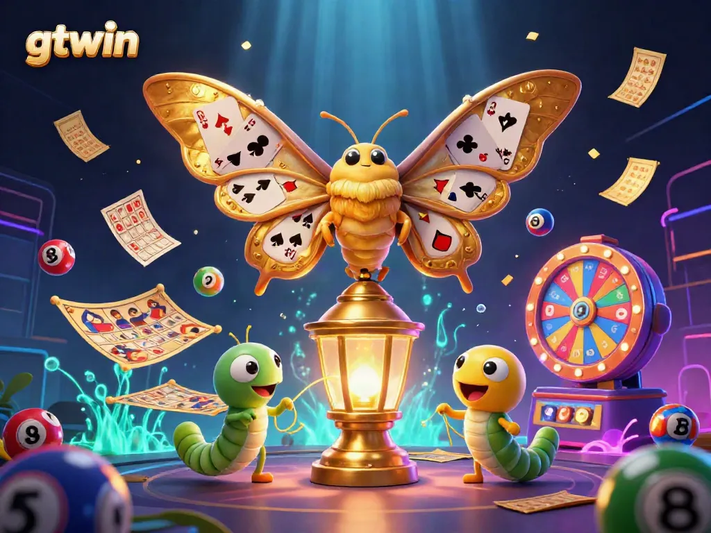 Engage with gtwin's magical casino scene showing a moth playing cards amidst vibrant games elements.
