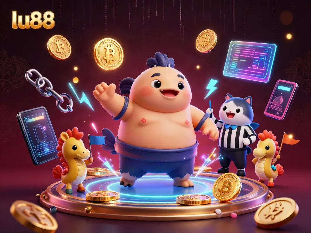 Experience the vibrant excitement of lu88 with a cartoon fugu representing online gaming fun, surrounded by crypto elements.