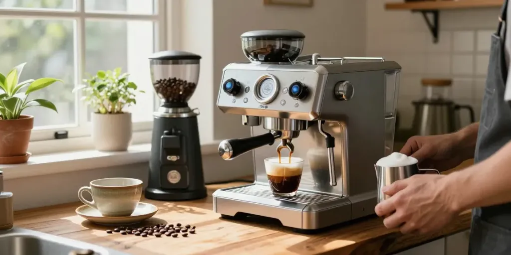 Barista using ROKOK88 espresso machine to create perfect espresso shot.