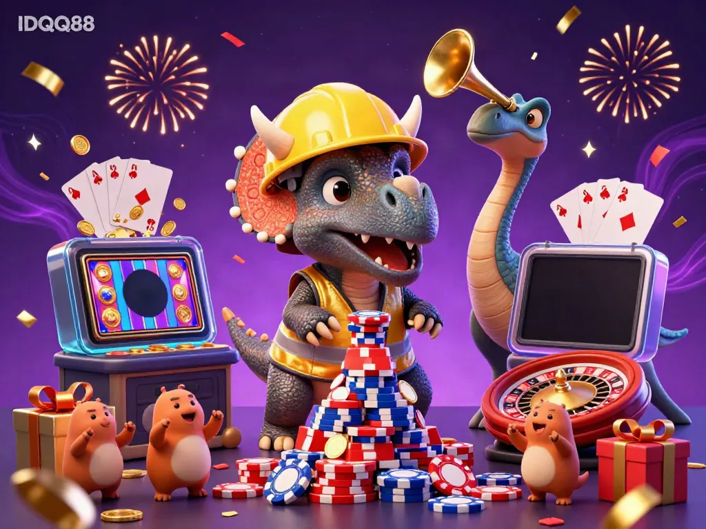 Experience the excitement of IDQQ88 as a cheerful triceratops builds a poker chip pyramid while celebrating with friends in a vibrant casino setting.